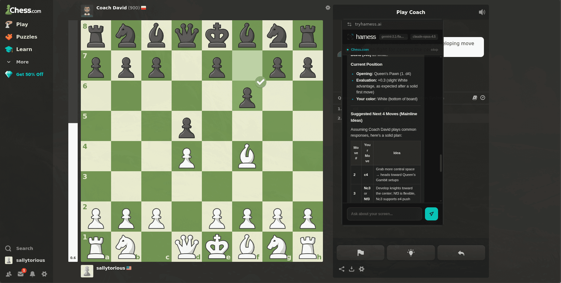 Harness as play coach on chess.com mid-game