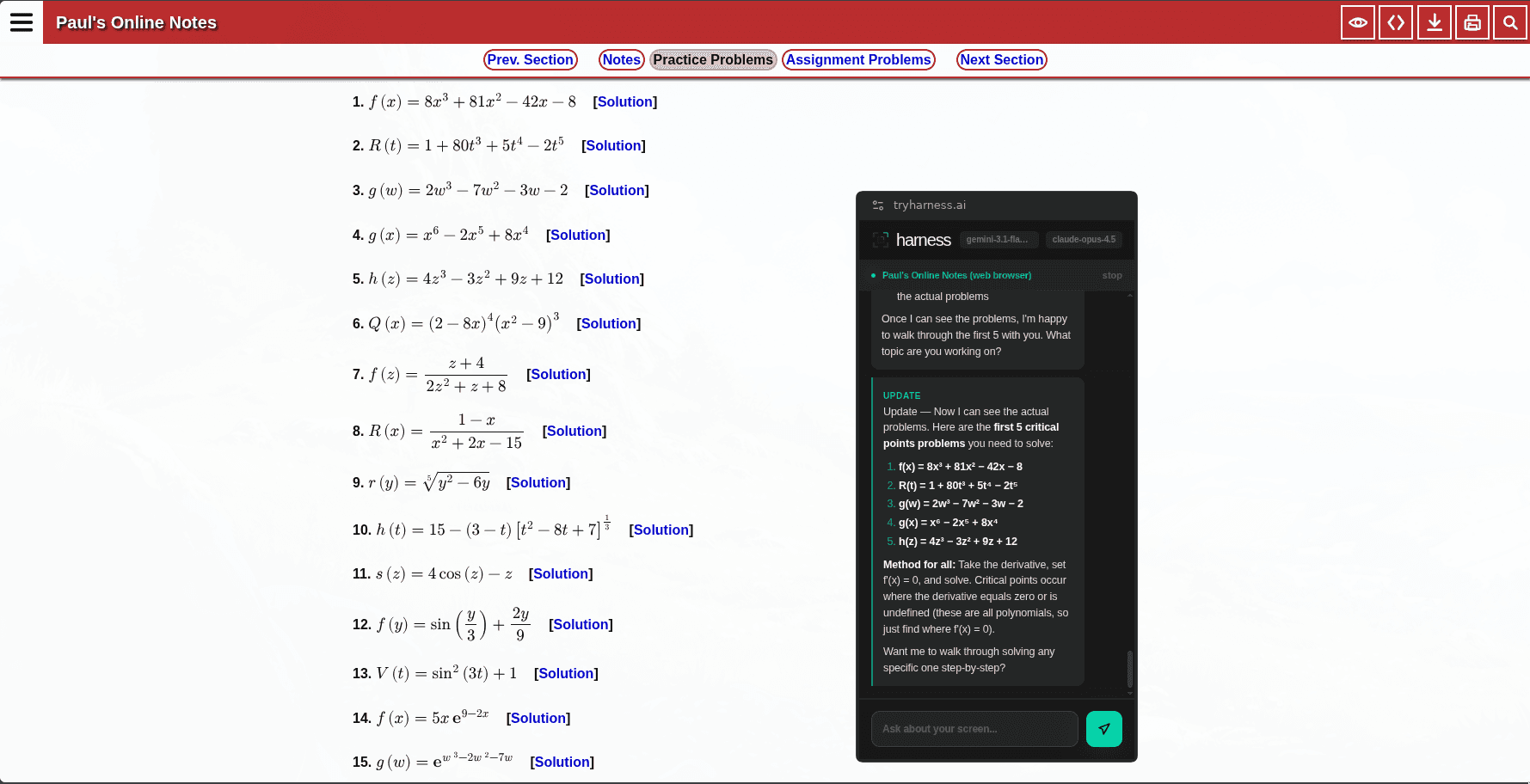 Harness walking through calculus critical-point problems